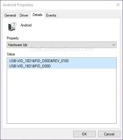 Go to the 'Details' tab and select 'Hardware Ids' from drop-down menu