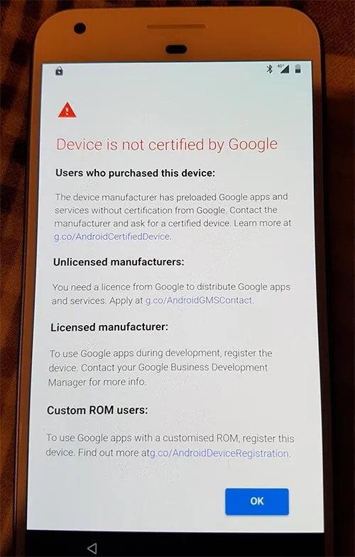 Google Blocks GApps on Uncertified Devices - Error Screen