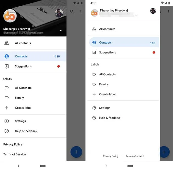 Google Contacts 3.1 - Navigation Drawer Changes