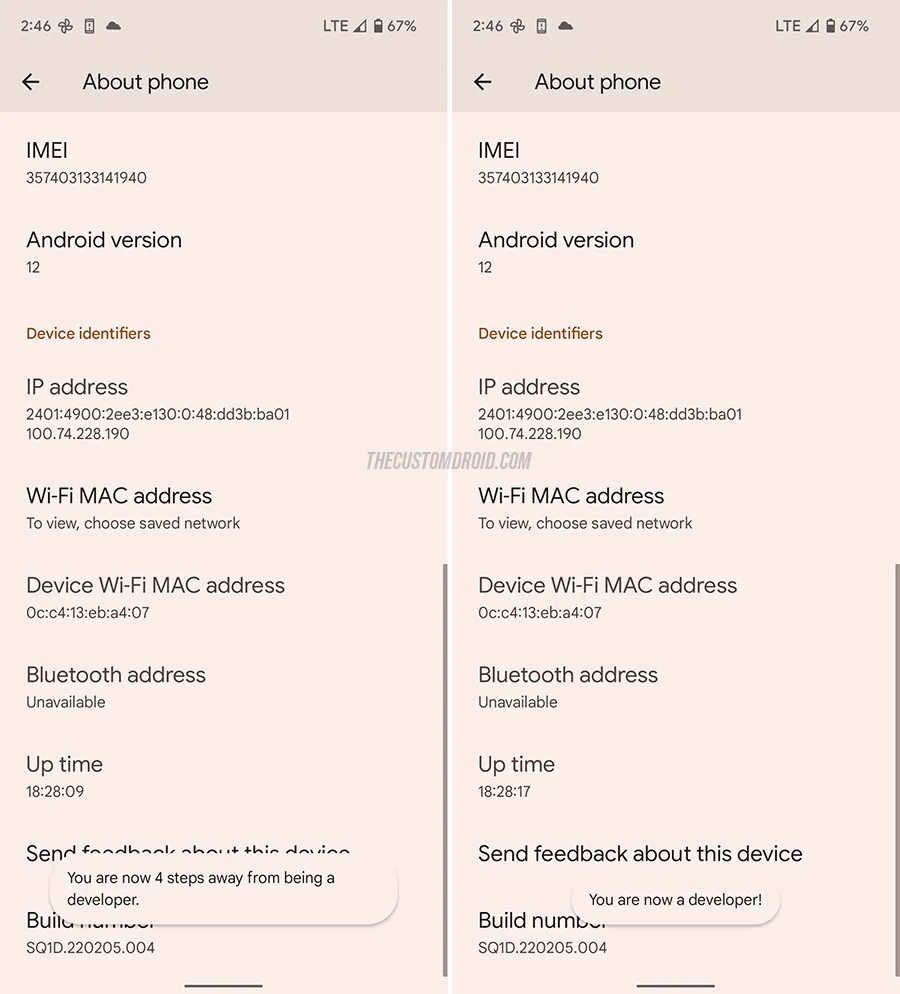 Repeatedly tap on Build Number section to enable Developer Options