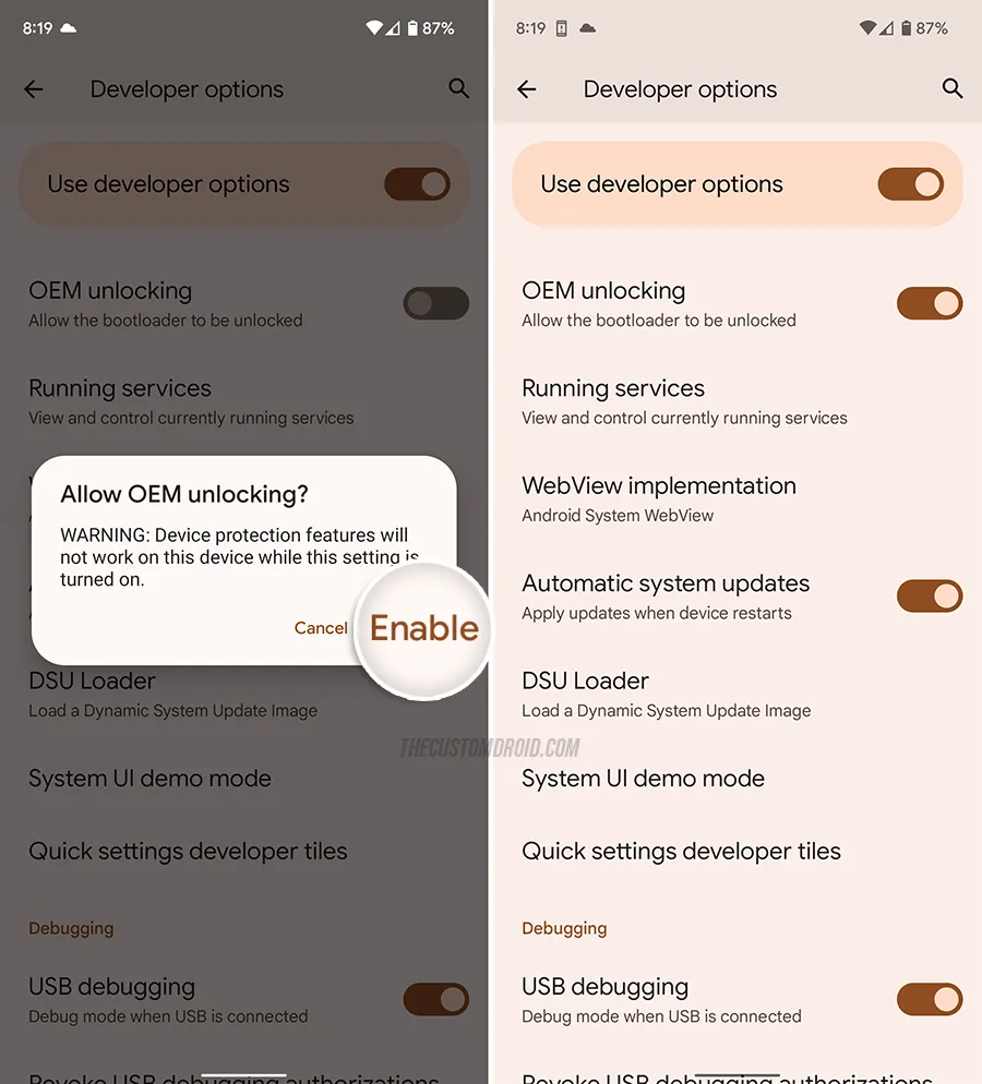 Tap on Enable to finally enable OEM unlocking on Google Pixel