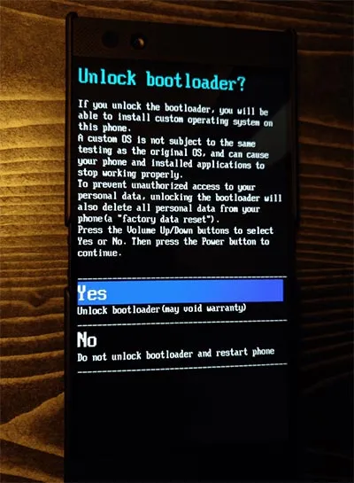 How to Unlock Bootloader on Razer Phone - Unlock Confirmation Message