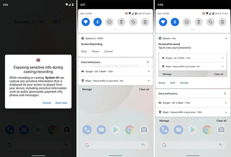 Use Android 10 Screen Recording Feature - Select 'Start now' to record screen