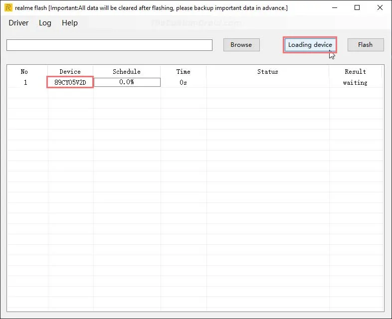 Click on "Loading device" in Realme Flash Tool