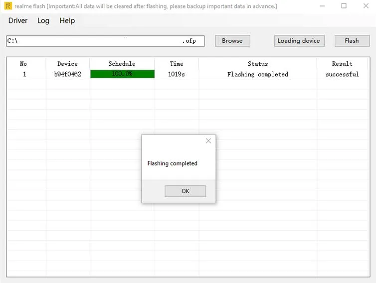 Flashing completed in Realme Flash Tool