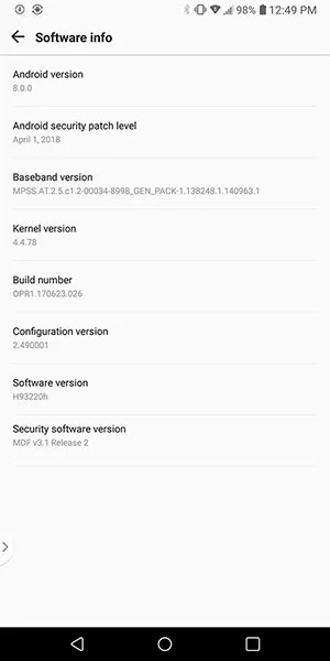 Install Android Oreo on T-Mobile LG V30 - Software Info Screenshot