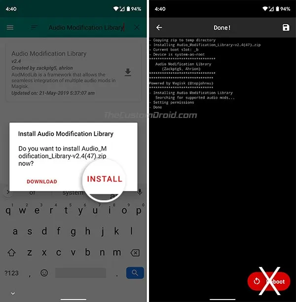 Install Audio Modification Library Module but Do Not Reboot Phone