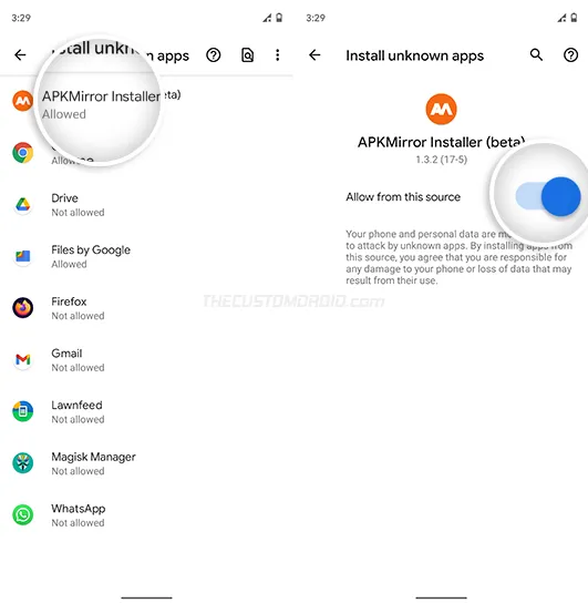 Turn ON "Install from this source" for APKMirror Installer app
