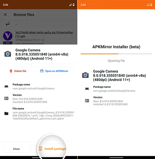 Load Google Camera 8.0 app bundle in APKMirror Installer