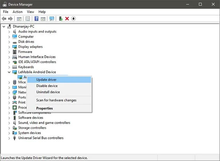 Right-click the device name and select 'Update driver'