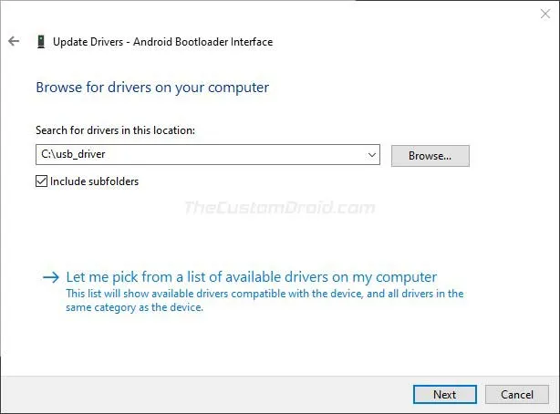 Click on 'Next' to Install the Google USB Drivers on Windows 10