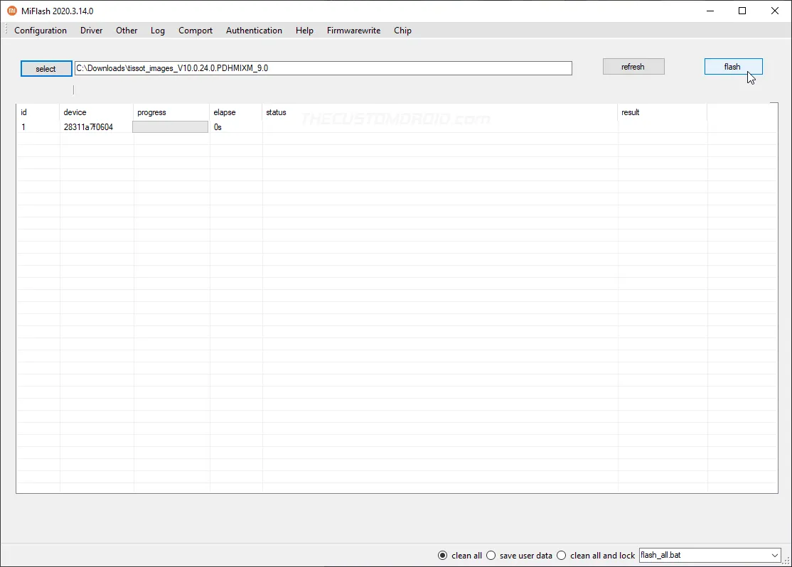 Select 'flash' in Mi Flash Tool to install MIUI Fastboot ROM