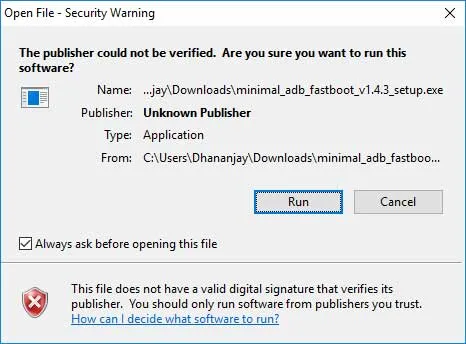 Install Minimal ADB and Fastboot Tool - Security Warning Message