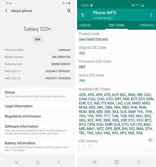 Verify model number and CSC code of your Galaxy S20 device