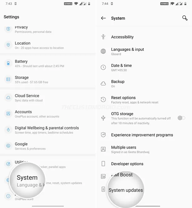 Go to 'Settings' > 'System' > 'System updates' on OnePlus Nord