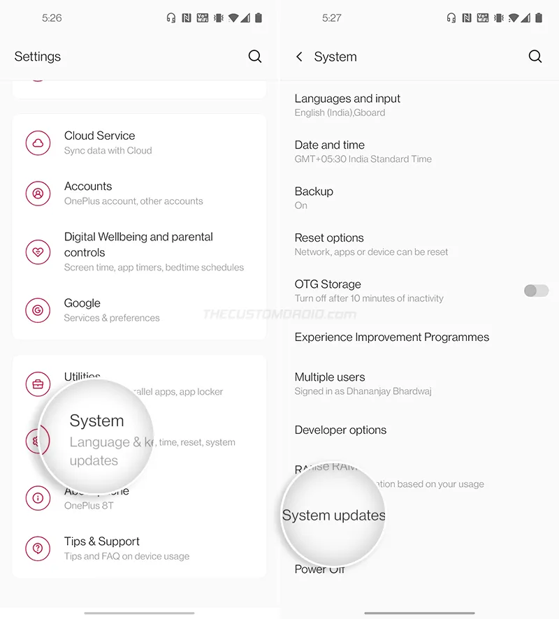 Manually Install OxygenOS on OnePlus 8T - Go to Settings > System > System updates