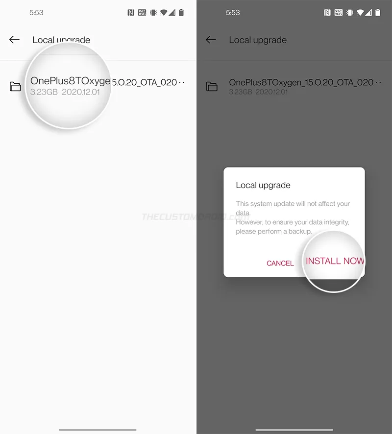 Tap 'Install Now' to install OxygenOS Update file on your OnePlus 8T