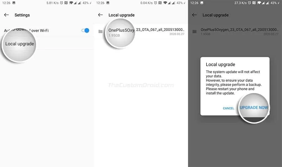 Select Local Upgrade and Install OxygenOS Full ROM File on OnePlus 5/5T