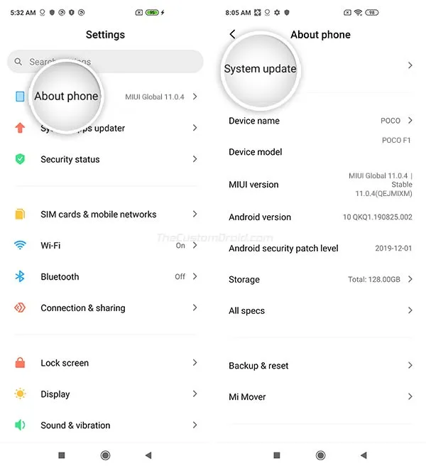 Go to 'Settings' > 'About phone' > 'System update' on Poco F1