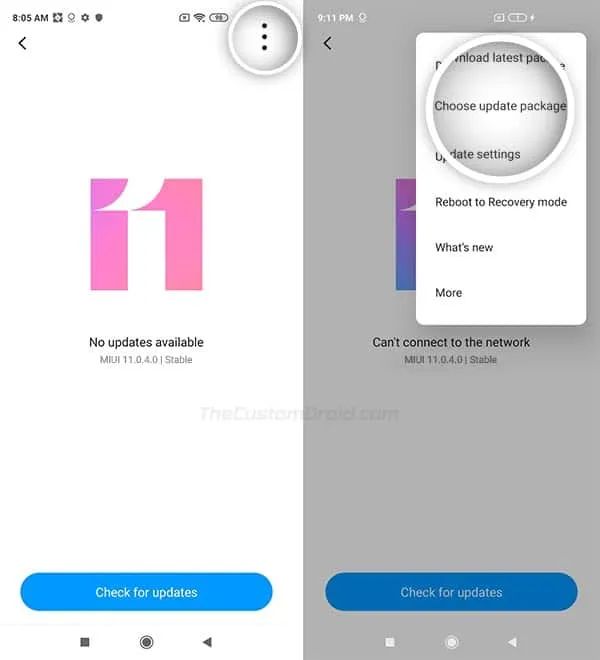 Select 'Choose update package' and select Android 10 OTA Package