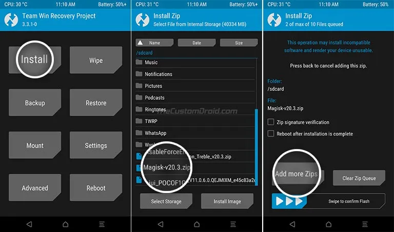 Select the Magisk Installer ZIP file in TWRP