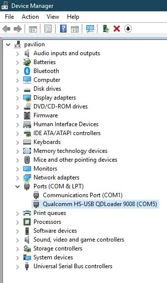 Android device detected as 'Qualcomm HS-USB QDLoader 9008' in Windows Device Manager