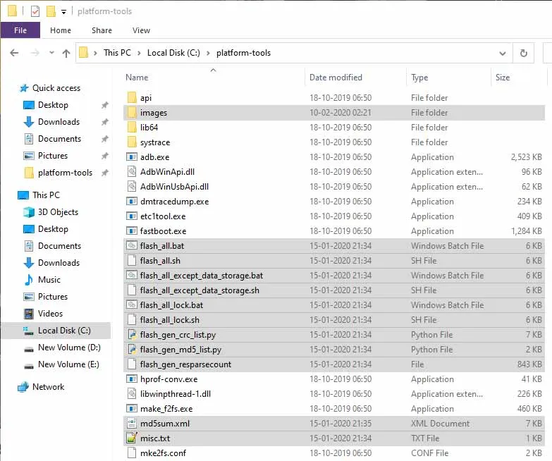Move Mi A3 Stock Firmware Files to Android Platform-tools Folder