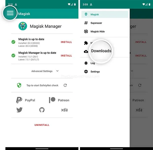 Open 'Downloads' section in Magisk Manager