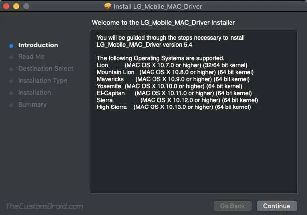 LG Mobile USB Driver on macOS - Click on Continue