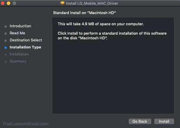 LG Mobile USB Driver on macOS - Click on 'Install' to confirm