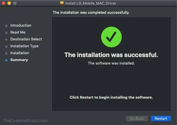 LG Mobile USB Driver on macOS - Installation Finished