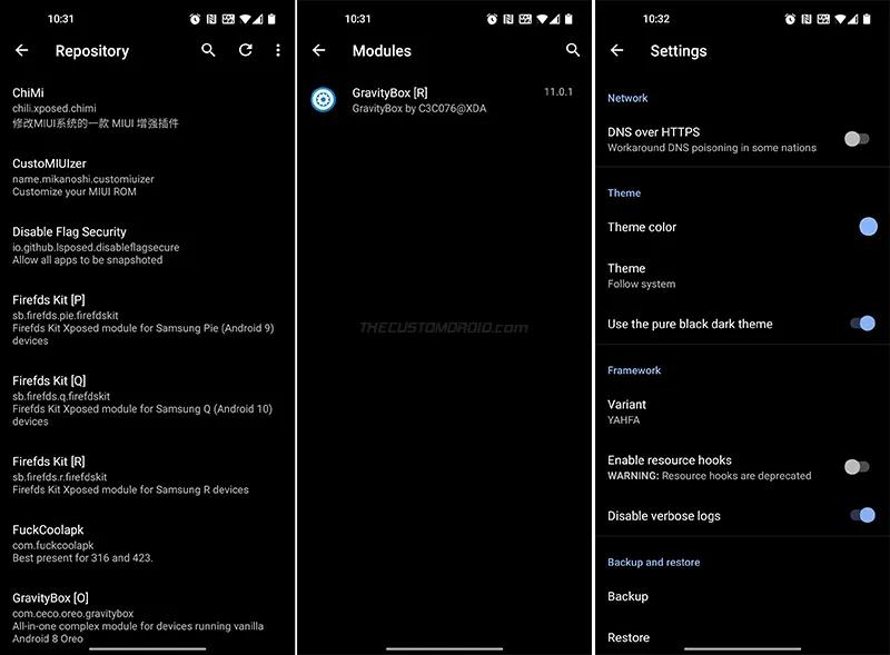 Repository, Modules, Settings menu in LSPosed Manager