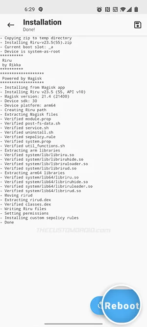 Press Reboot after installing Riru module