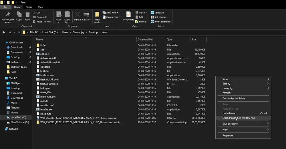 Launch PowerShell in Folder where RAW Firmware was extracted