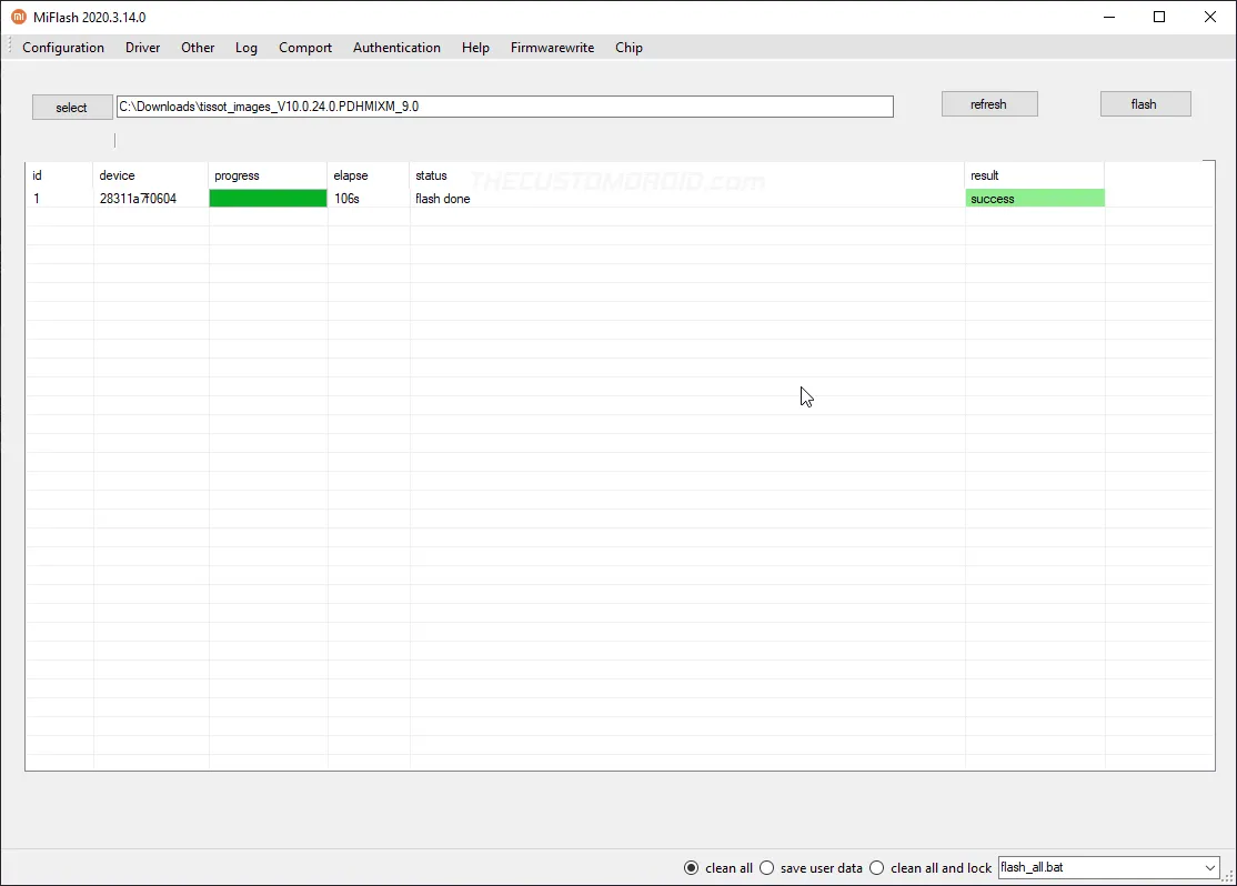 MIUI Fastboot ROM successfully flashed using Mi Flash Tool