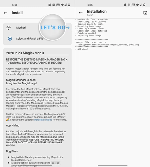 Magisk app patching OnePlus 6/6T stock boot image
