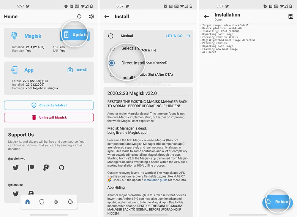 Install Magisk v22 update usng the app