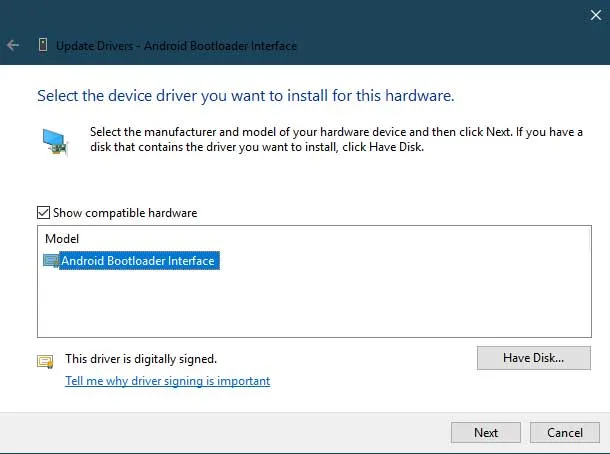 Manually Install Xiaomi USB Drivers - Select 'Android Bootloader Interface'