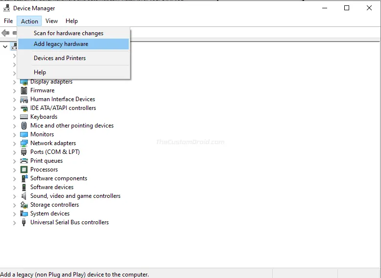 Select "Add Legacy Hardware" in Windows Device Manager