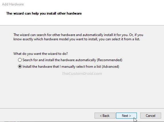 Install the hardware that I manually select from a list