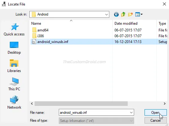 Select "android_winusb.inf" and click "Open"