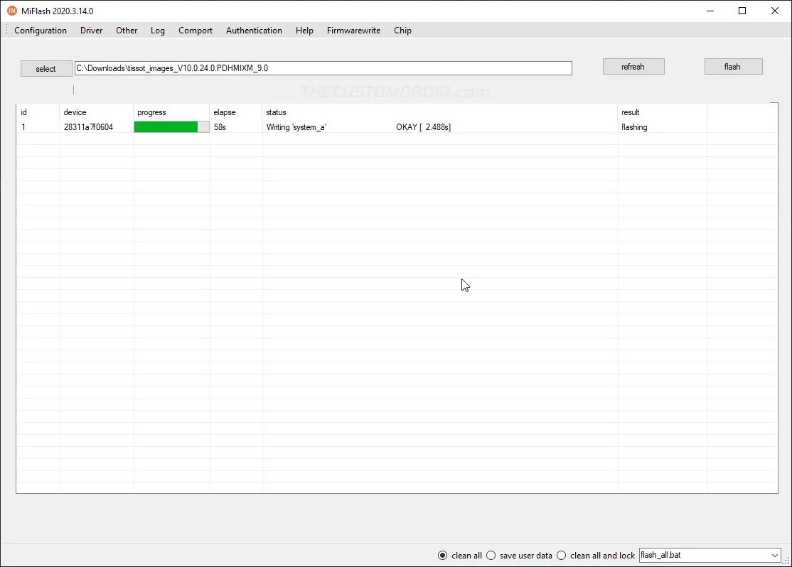 Flashing in progress in Mi Flash Tool