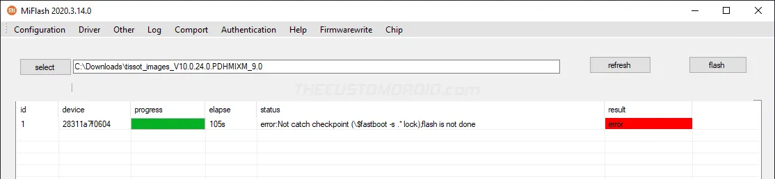 Mi Flash Tool Error: 'Not catch checkpoint, flash is not done'
