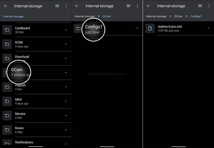 Move config XML file inside GCam/Configs7 folder on Realme 6 Pro