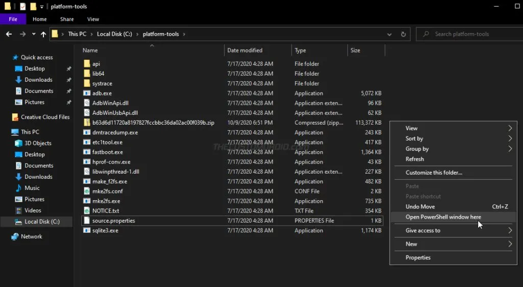 Launch PowerShell window inside 'platform-tools' folder