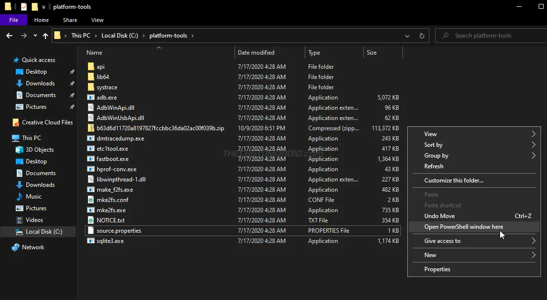 Launch PowerShell window inside 'platform-tools' folder