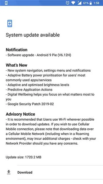 Nokia 6 (2017) Android Pie OTA Update - Screenshot