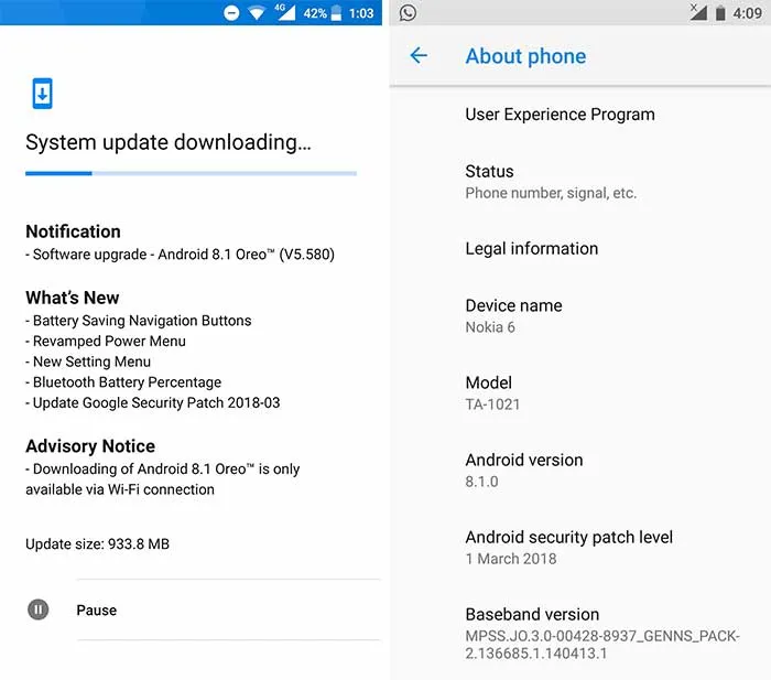 Nokia 6 Android 8.1 Oreo Update - OTA Screenshots