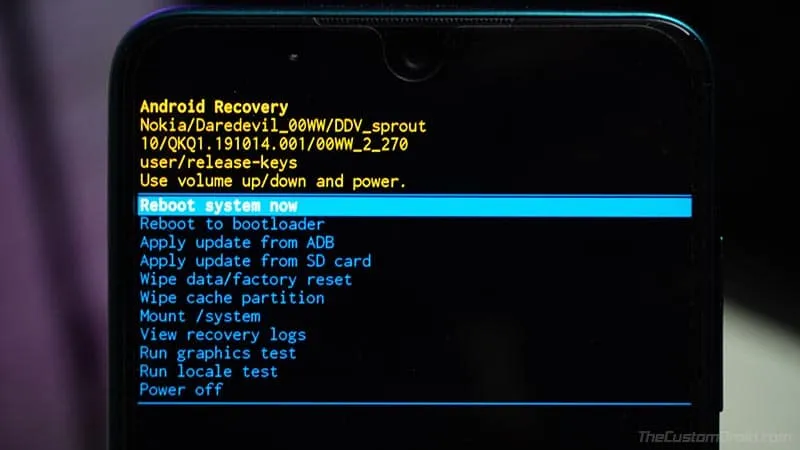 Select "Reboot System Now" in Nokia 6.1/6.1 Plus Stock Recovery
