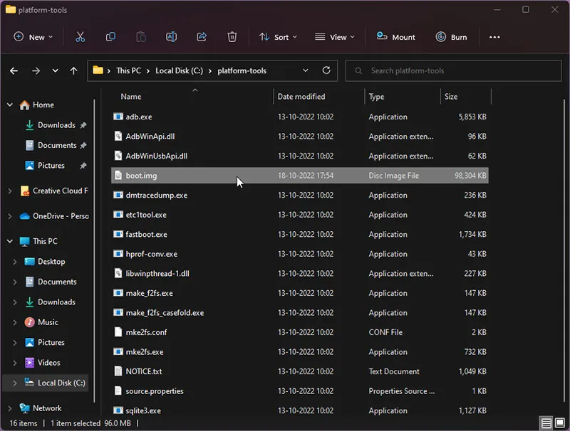 Copy stock boot image inside the platform-tools folder